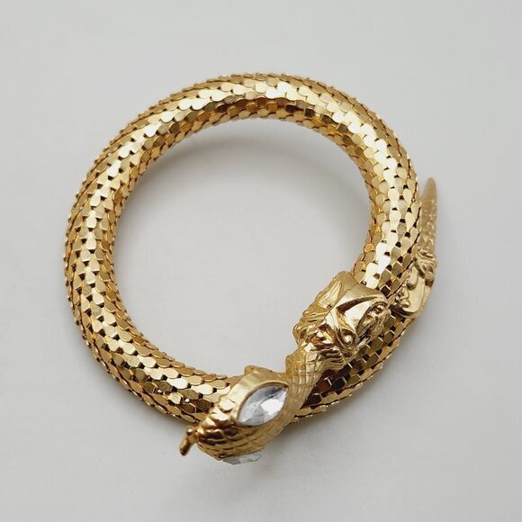 Vintage 60's Gold Tone Coil Wrap Snake Mesh Scales Clear Eyed Reptile Bracelet - Picture 4 of 6